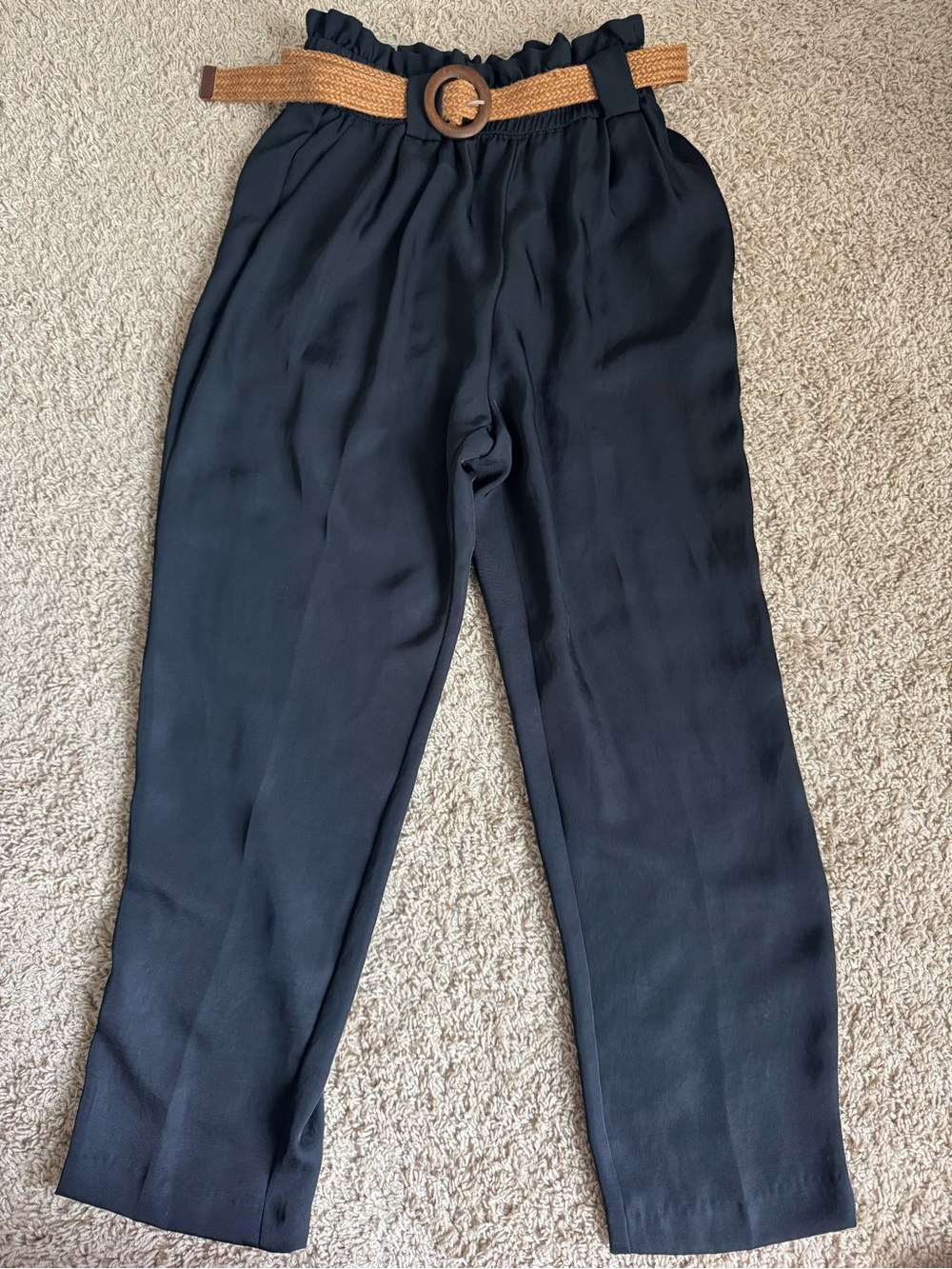 Zara Black Paperbag-Waist Dress Pants with Woven Tan Belt